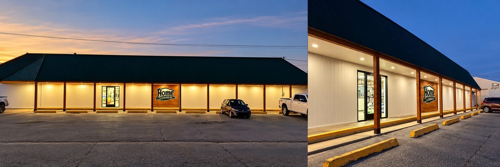Home Lumber storefront at dusk Home Lumber White Logo